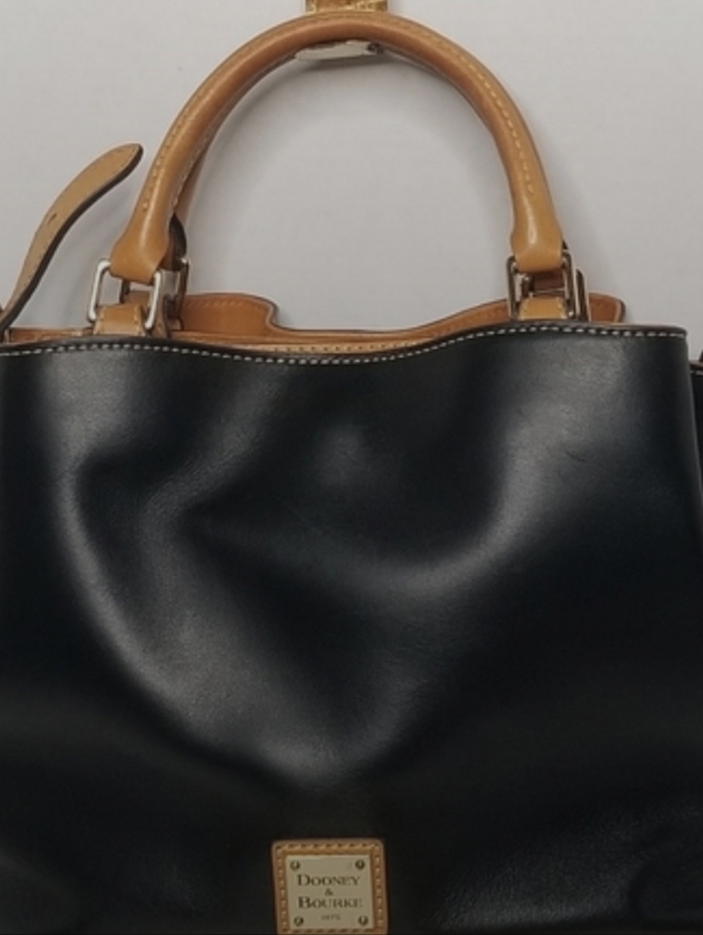 Dooney & Bourke Small Brenna Black Florentine Leather Satchel with Tan Trim